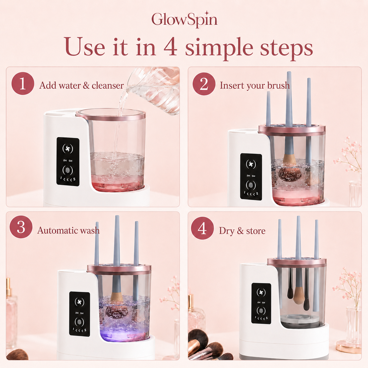 Smart makeup brush cleaner and dryer